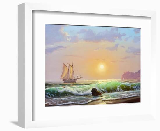 Oil Painting On Canvas , Sailboat Against A Background Of Sea Sunset-Lilun-Framed Art Print