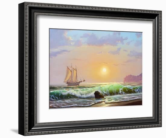 Oil Painting On Canvas , Sailboat Against A Background Of Sea Sunset-Lilun-Framed Art Print