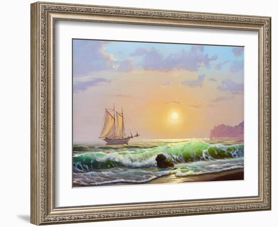 Oil Painting On Canvas , Sailboat Against A Background Of Sea Sunset-Lilun-Framed Art Print