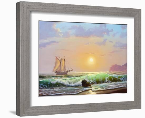 Oil Painting On Canvas , Sailboat Against A Background Of Sea Sunset-Lilun-Framed Art Print