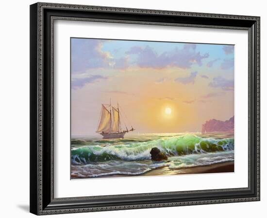 Oil Painting On Canvas , Sailboat Against A Background Of Sea Sunset-Lilun-Framed Art Print