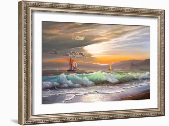 Oil Painting On Canvas , Sailboat Against A Background Of Sea Sunset-Lilun-Framed Art Print