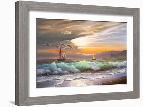 Oil Painting On Canvas , Sailboat Against A Background Of Sea Sunset-Lilun-Framed Art Print