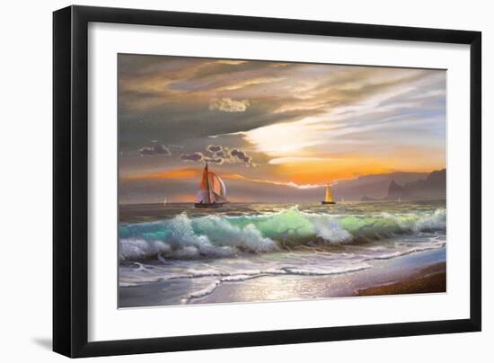 Oil Painting On Canvas , Sailboat Against A Background Of Sea Sunset-Lilun-Framed Art Print