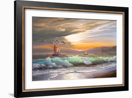 Oil Painting On Canvas , Sailboat Against A Background Of Sea Sunset-Lilun-Framed Art Print