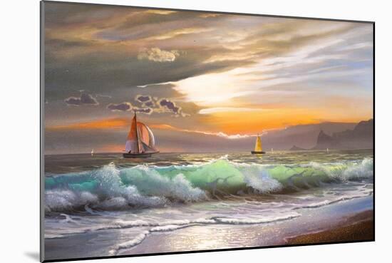 Oil Painting On Canvas , Sailboat Against A Background Of Sea Sunset-Lilun-Mounted Art Print