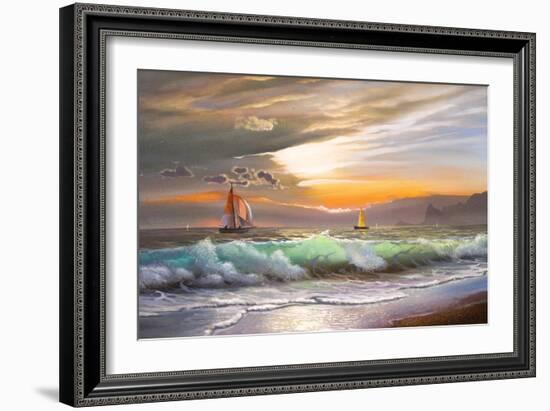 Oil Painting On Canvas , Sailboat Against A Background Of Sea Sunset-Lilun-Framed Art Print