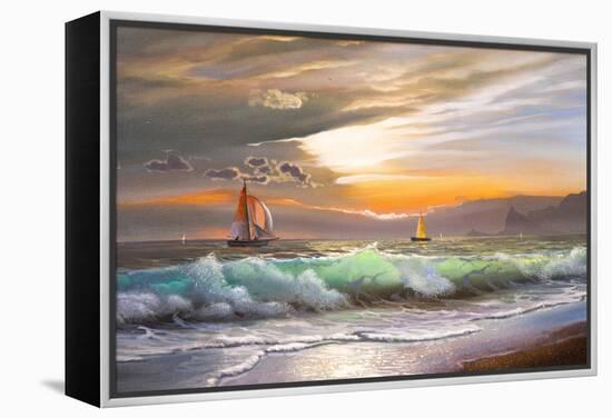 Oil Painting On Canvas , Sailboat Against A Background Of Sea Sunset-Lilun-Framed Stretched Canvas