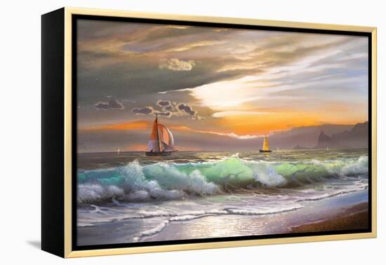 Oil Painting On Canvas , Sailboat Against A Background Of Sea Sunset-Lilun-Framed Stretched Canvas