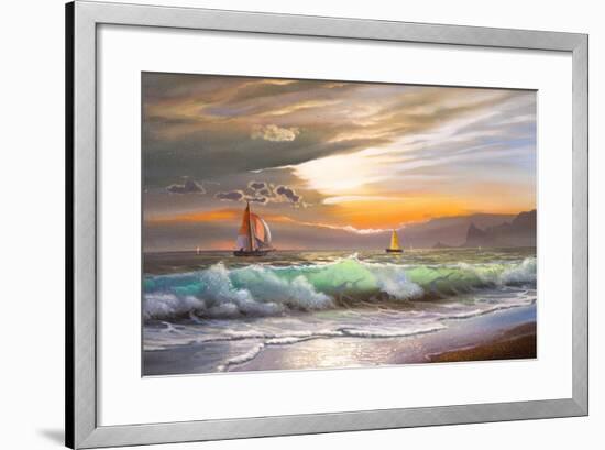 Oil Painting On Canvas , Sailboat Against A Background Of Sea Sunset-Lilun-Framed Art Print