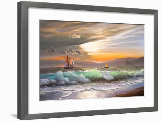 Oil Painting On Canvas , Sailboat Against A Background Of Sea Sunset-Lilun-Framed Art Print