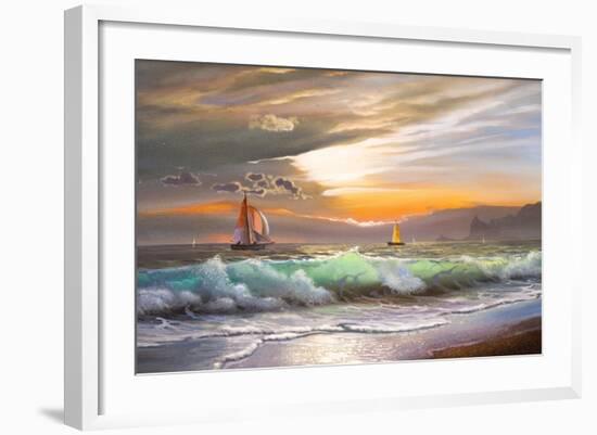 Oil Painting On Canvas , Sailboat Against A Background Of Sea Sunset-Lilun-Framed Art Print