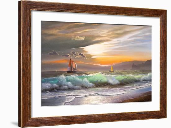 Oil Painting On Canvas , Sailboat Against A Background Of Sea Sunset-Lilun-Framed Art Print