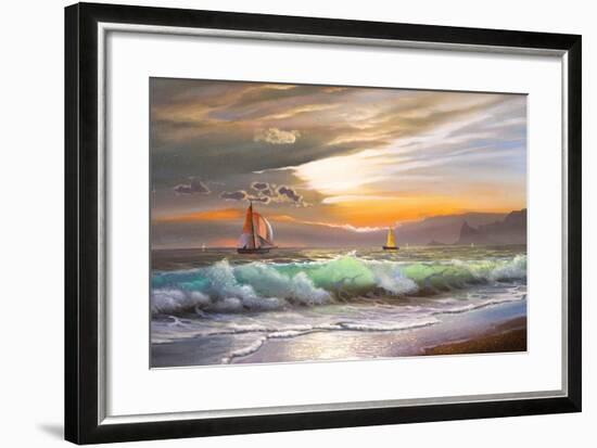 Oil Painting On Canvas , Sailboat Against A Background Of Sea Sunset-Lilun-Framed Art Print