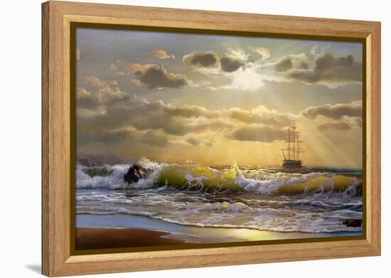 Oil Painting On Canvas , Sailboat Against A Background Of Sea Sunset-Lilun-Framed Stretched Canvas