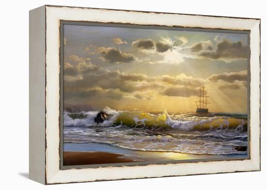 Oil Painting On Canvas , Sailboat Against A Background Of Sea Sunset-Lilun-Framed Stretched Canvas