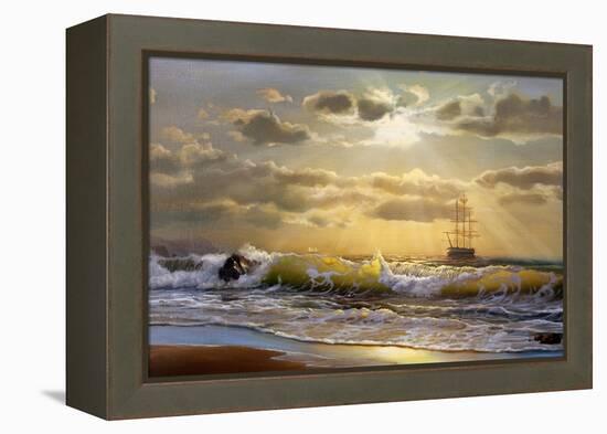 Oil Painting On Canvas , Sailboat Against A Background Of Sea Sunset-Lilun-Framed Stretched Canvas