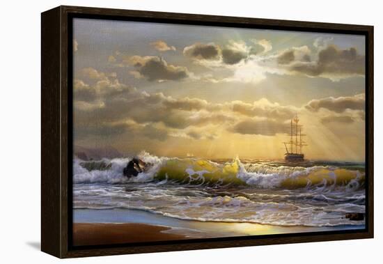 Oil Painting On Canvas , Sailboat Against A Background Of Sea Sunset-Lilun-Framed Stretched Canvas