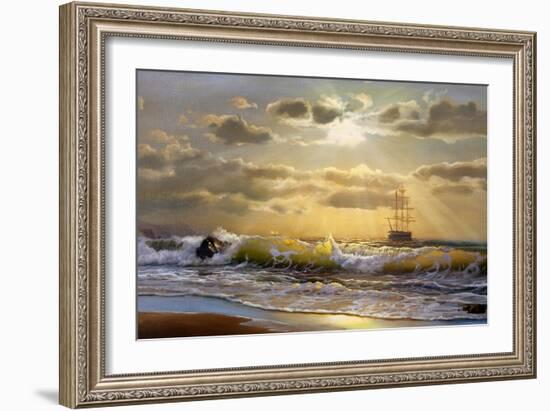 Oil Painting On Canvas , Sailboat Against A Background Of Sea Sunset-Lilun-Framed Art Print