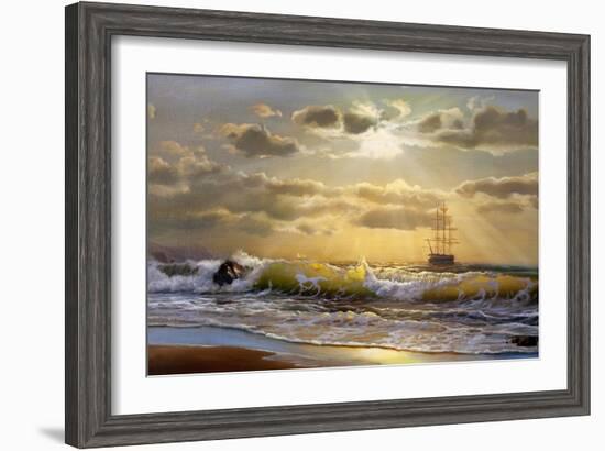 Oil Painting On Canvas , Sailboat Against A Background Of Sea Sunset-Lilun-Framed Art Print