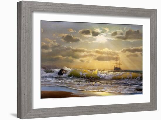 Oil Painting On Canvas , Sailboat Against A Background Of Sea Sunset-Lilun-Framed Art Print