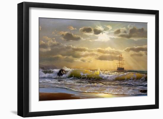 Oil Painting On Canvas , Sailboat Against A Background Of Sea Sunset-Lilun-Framed Art Print