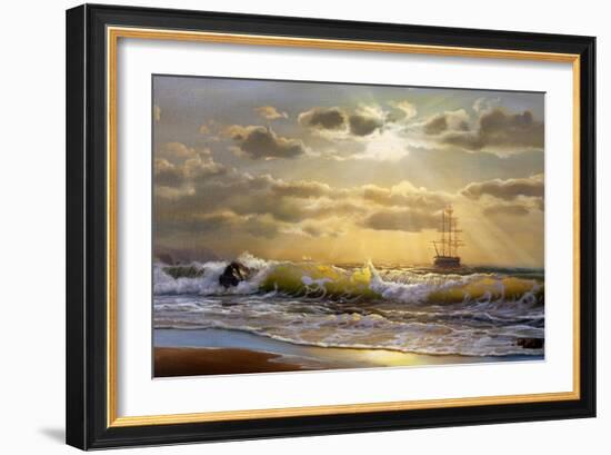 Oil Painting On Canvas , Sailboat Against A Background Of Sea Sunset-Lilun-Framed Art Print