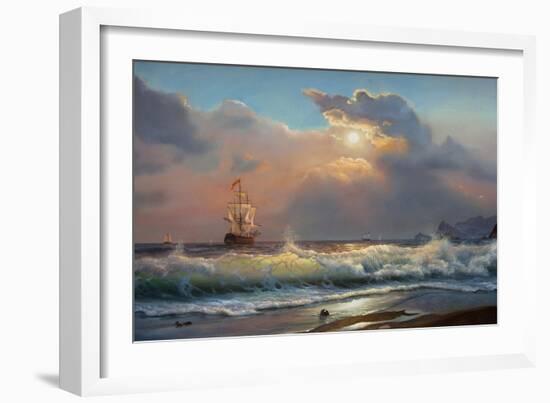 Oil Painting on Canvas , Sailboat against a Background of Sea-Liliya Kulianionak-Framed Art Print