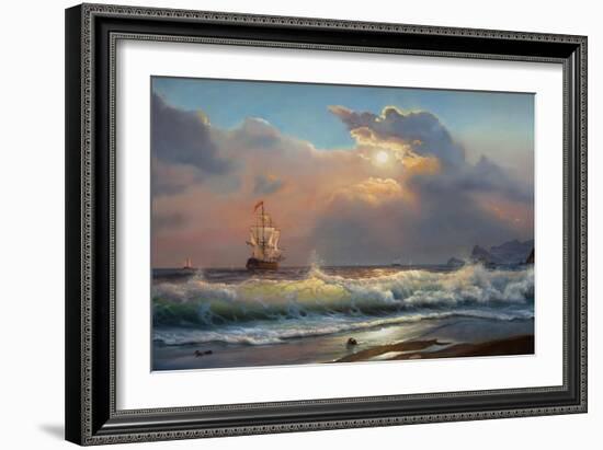 Oil Painting on Canvas , Sailboat against a Background of Sea-Liliya Kulianionak-Framed Art Print