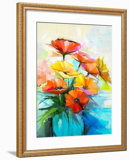 Oil Painting Spring Flower Background. Still Life of Yellow, Pink, Red Gerbera Bouquet in Vase. Col-pluie_r-Framed Art Print