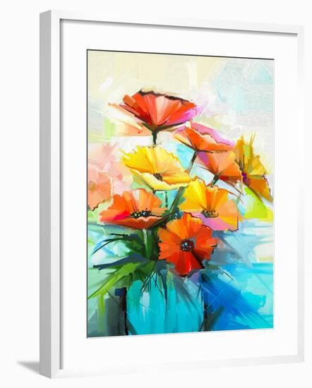 Oil Painting Spring Flower Background. Still Life of Yellow, Pink, Red Gerbera Bouquet in Vase. Col-pluie_r-Framed Art Print