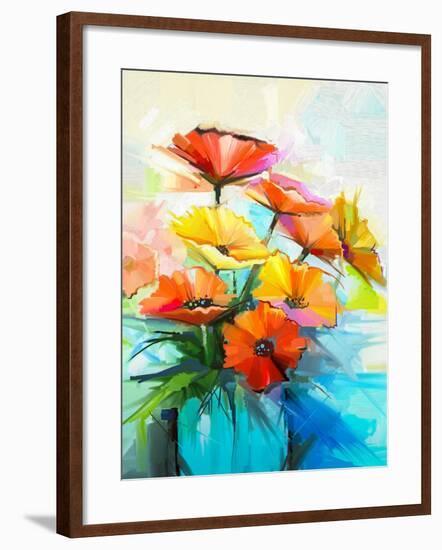 Oil Painting Spring Flower Background. Still Life of Yellow, Pink, Red Gerbera Bouquet in Vase. Col-pluie_r-Framed Art Print