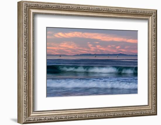 Oil rigs and waves in the Pacific Ocean, Channel Islands of California, Carpinteria, Santa Barba...-null-Framed Photographic Print