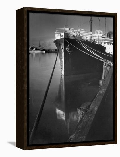 Oil Tanker Tied Up at Dock While it Is Being Loaded with Barrels of Oil-Margaret Bourke-White-Framed Premier Image Canvas