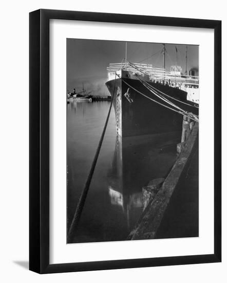 Oil Tanker Tied Up at Dock While it Is Being Loaded with Barrels of Oil-Margaret Bourke-White-Framed Photographic Print
