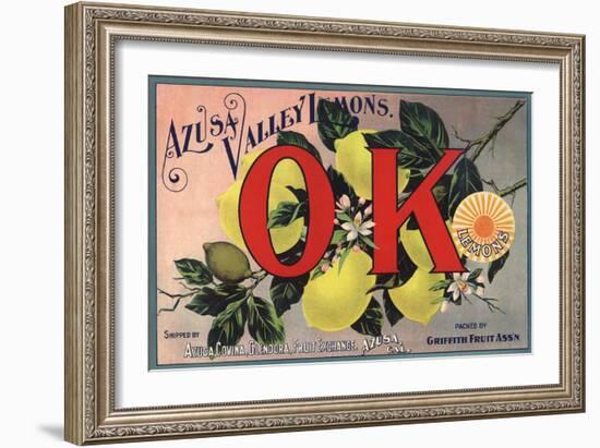 OK Brand - Azusa, California - Citrus Crate Label-Lantern Press-Framed Art Print