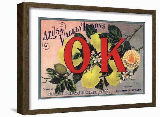 OK Brand - Azusa, California - Citrus Crate Label-Lantern Press-Framed Art Print