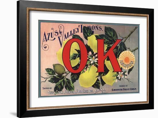 OK Brand - Azusa, California - Citrus Crate Label-Lantern Press-Framed Art Print