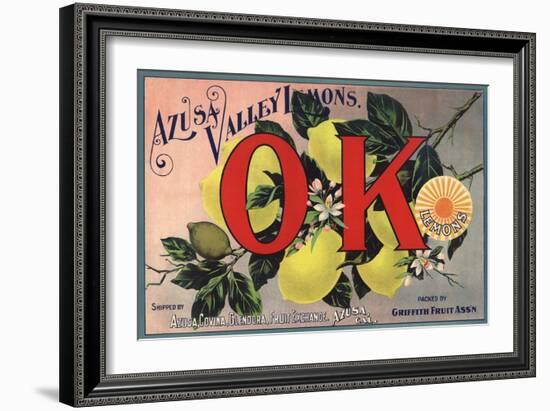 OK Brand - Azusa, California - Citrus Crate Label-Lantern Press-Framed Art Print