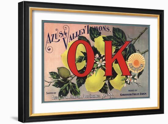 OK Brand - Azusa, California - Citrus Crate Label-Lantern Press-Framed Art Print