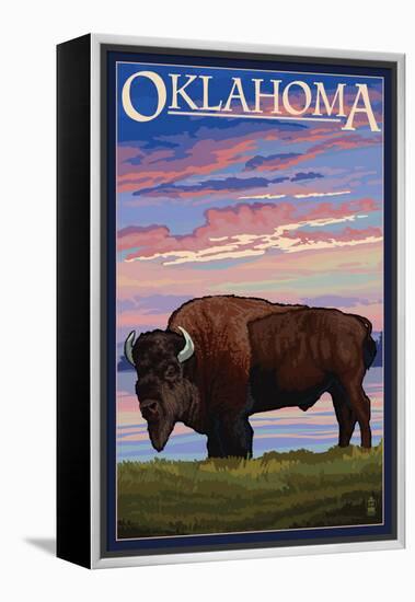 Oklahoma - Buffalo and Sunset-Lantern Press-Framed Stretched Canvas