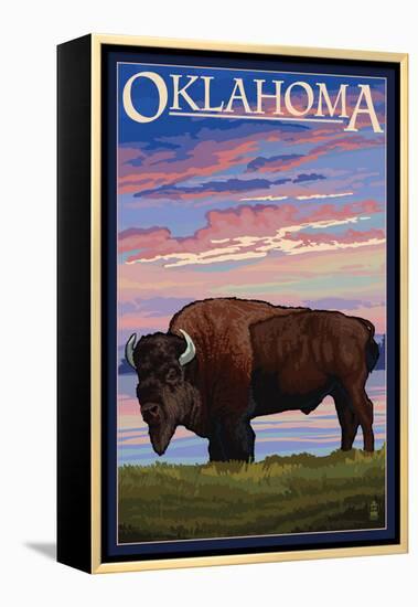 Oklahoma - Buffalo and Sunset-Lantern Press-Framed Stretched Canvas