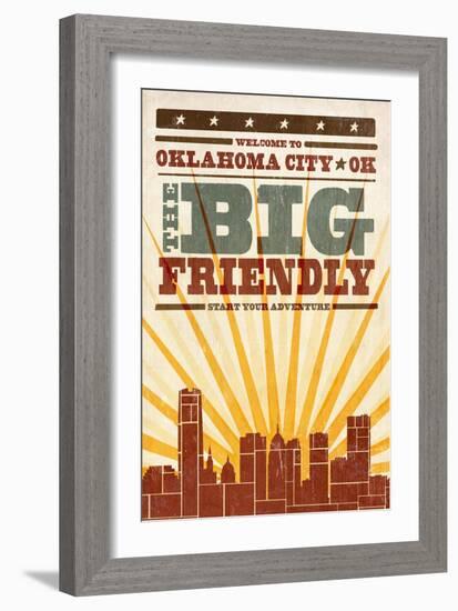 Oklahoma City, Oklahoma - Skyline and Sunburst Screenprint Style-Lantern Press-Framed Art Print