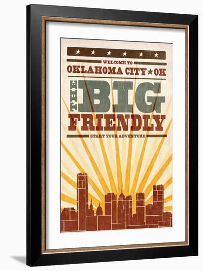 Oklahoma City, Oklahoma - Skyline and Sunburst Screenprint Style-Lantern Press-Framed Art Print