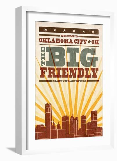 Oklahoma City, Oklahoma - Skyline and Sunburst Screenprint Style-Lantern Press-Framed Art Print