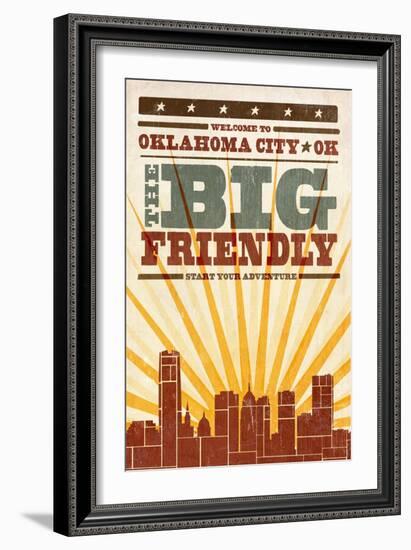 Oklahoma City, Oklahoma - Skyline and Sunburst Screenprint Style-Lantern Press-Framed Art Print