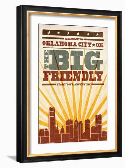 Oklahoma City, Oklahoma - Skyline and Sunburst Screenprint Style-Lantern Press-Framed Art Print