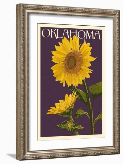 Oklahoma - Sunflowers - Letterpress-Lantern Press-Framed Art Print