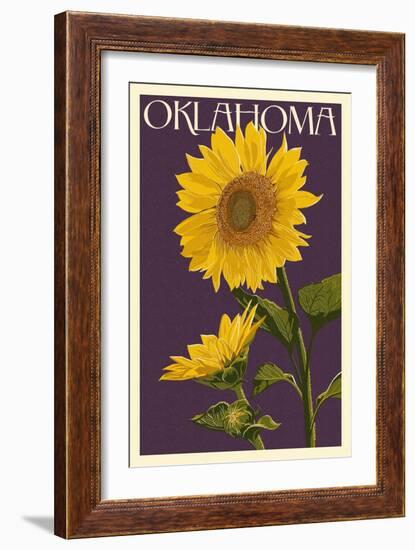 Oklahoma - Sunflowers - Letterpress-Lantern Press-Framed Art Print