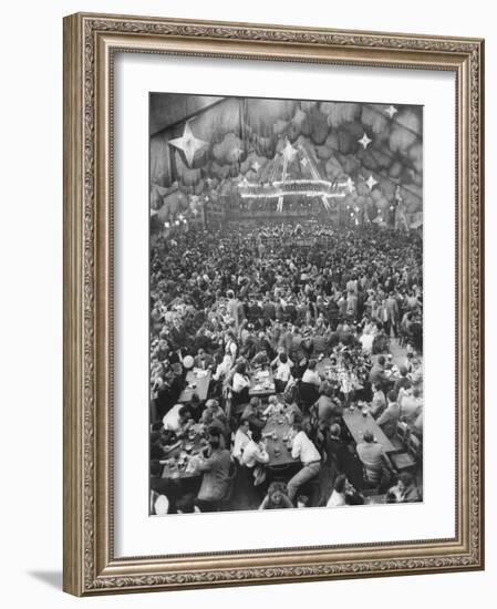 Oktoberfest, Drinking Beer, Singing, Dancing, Tents Setup for Drinking, Band under Canvas Clouds-Frank Scherschel-Framed Photographic Print